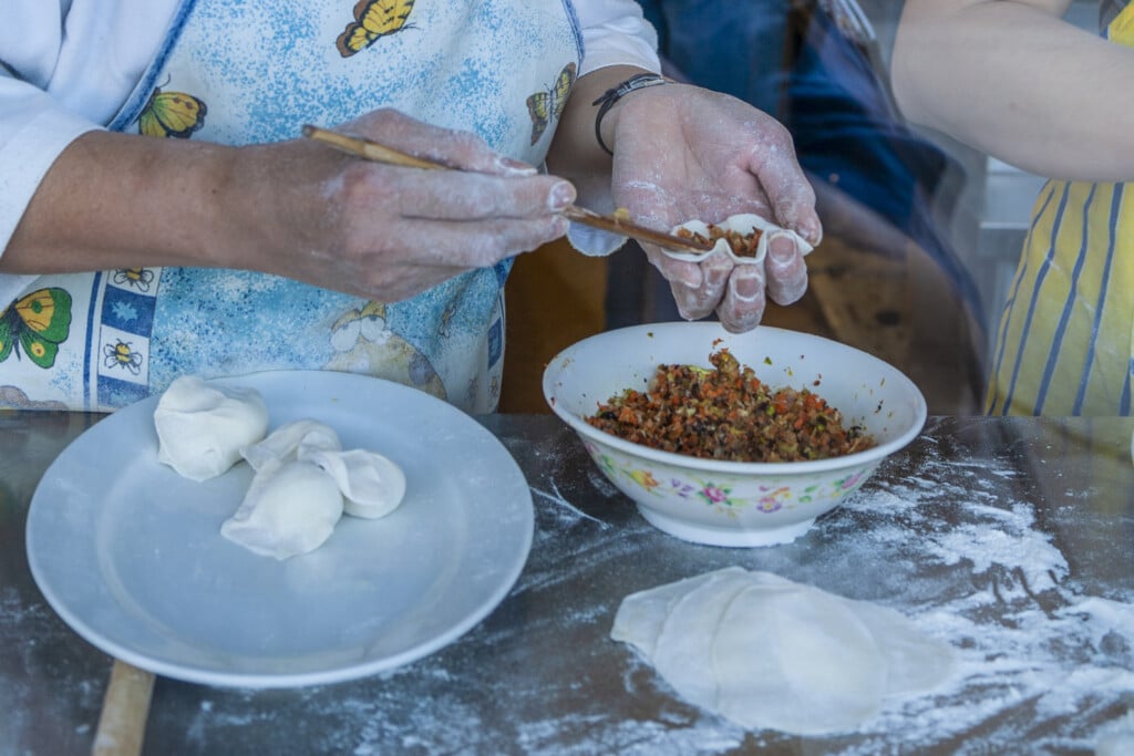 Woman making dumplings in hand