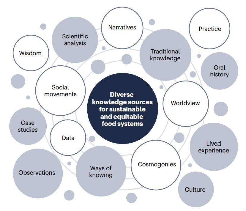 Visualisation of diverse knowledge sources for sustainable and equitable food systems. Bubbles contain phrases and words describing diverse knowledge sources including: wisdom; scientific analysis; narratives; traditional knowledge; practice; oral history; worldview; lived experience; culture; cosmogonies; ways of knowing; data; observations; case studies; social movements